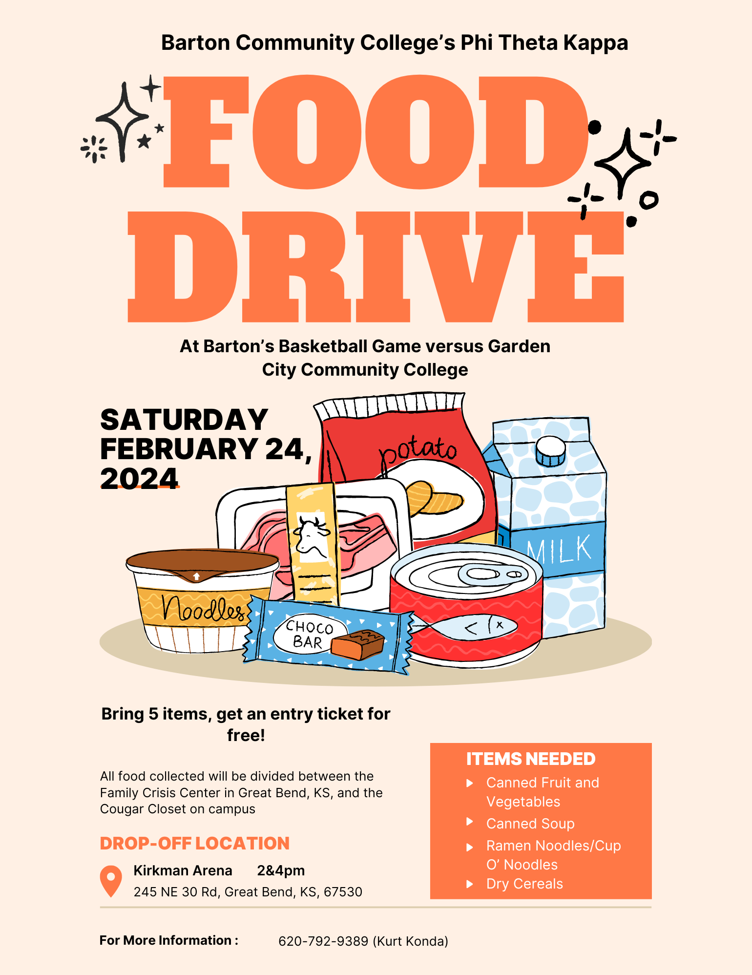 flier for a food drive with orange font on a peach background with food on it