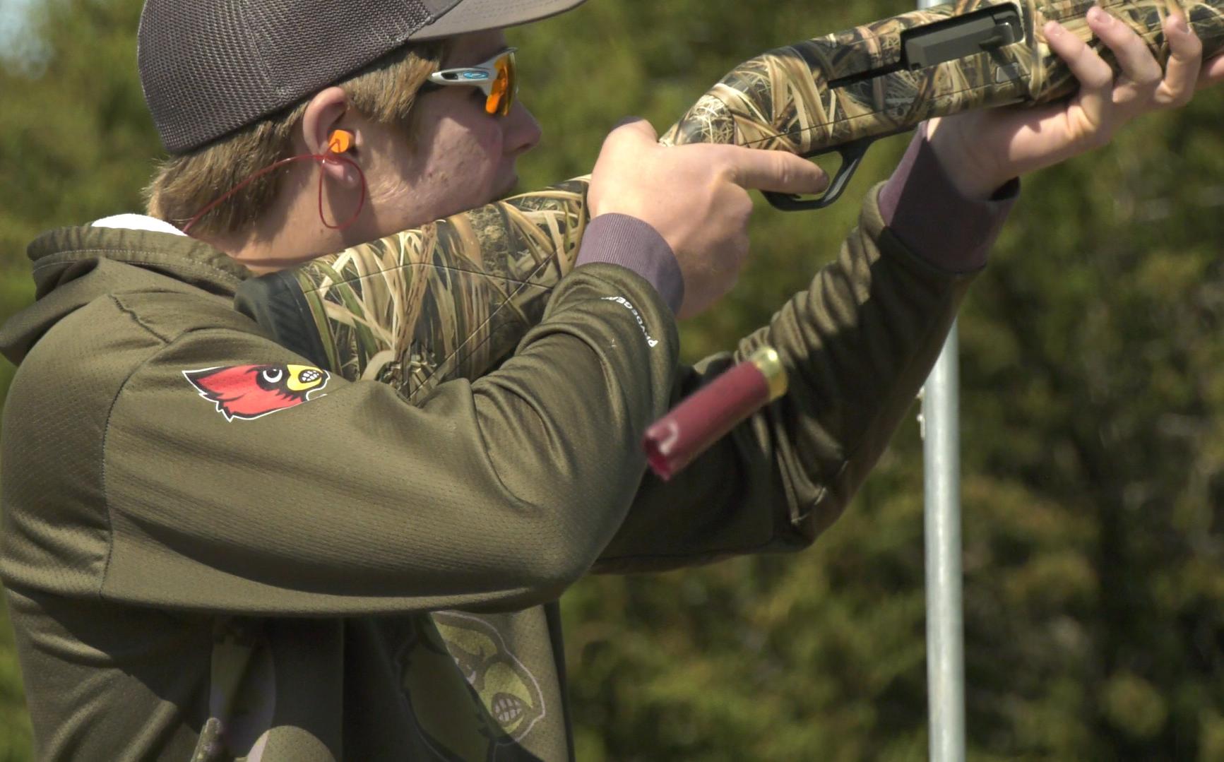 A participant in the 2021 clay shoot takes aim at flying sporting clays down range. The event also features raffle drawings, prizes for top man, woman, youth and team shooters, and a side game of flurries, which offers participants an opportunity to practice or compete amongst themselves for bragging rights.