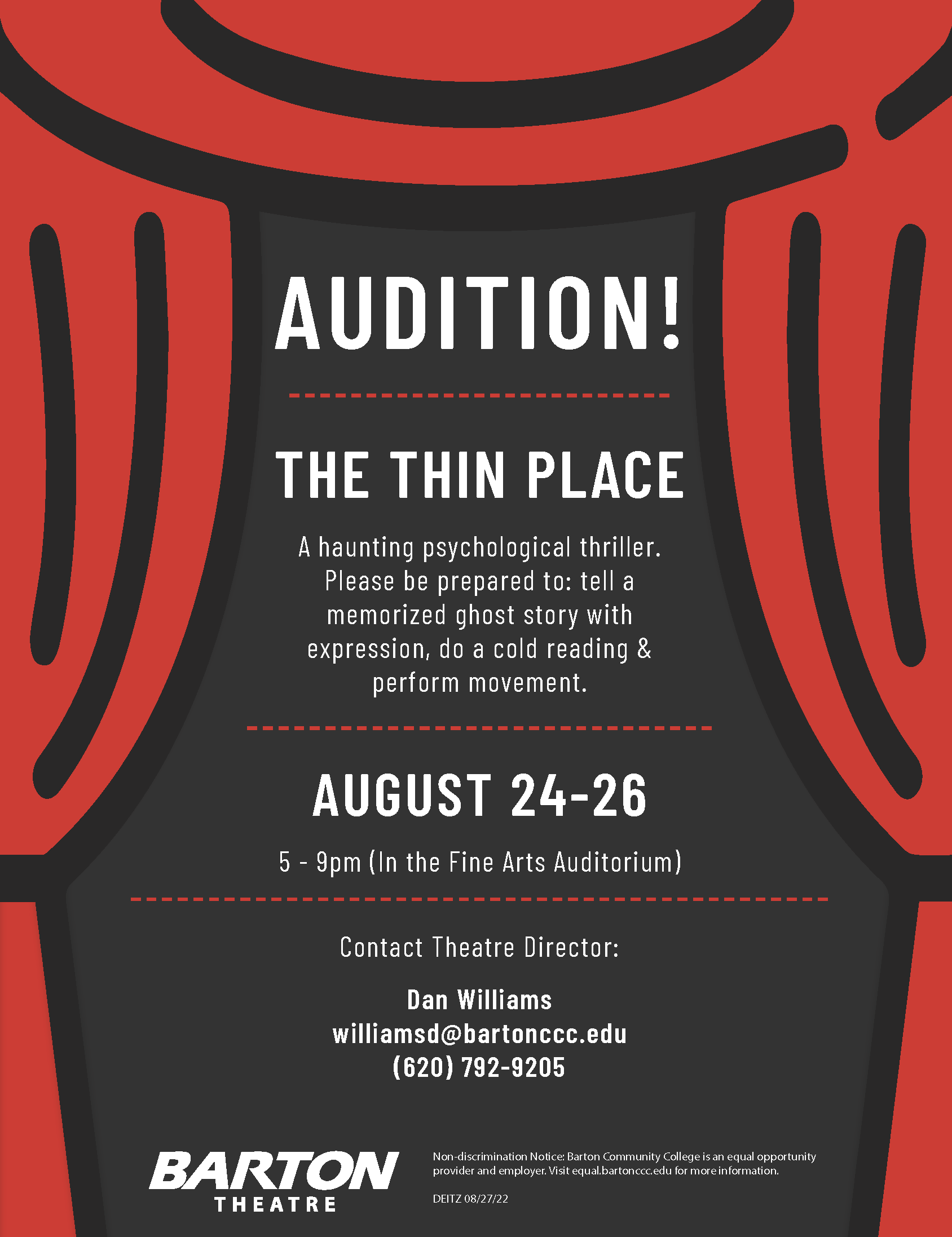 a flier for auditions with a red curtain