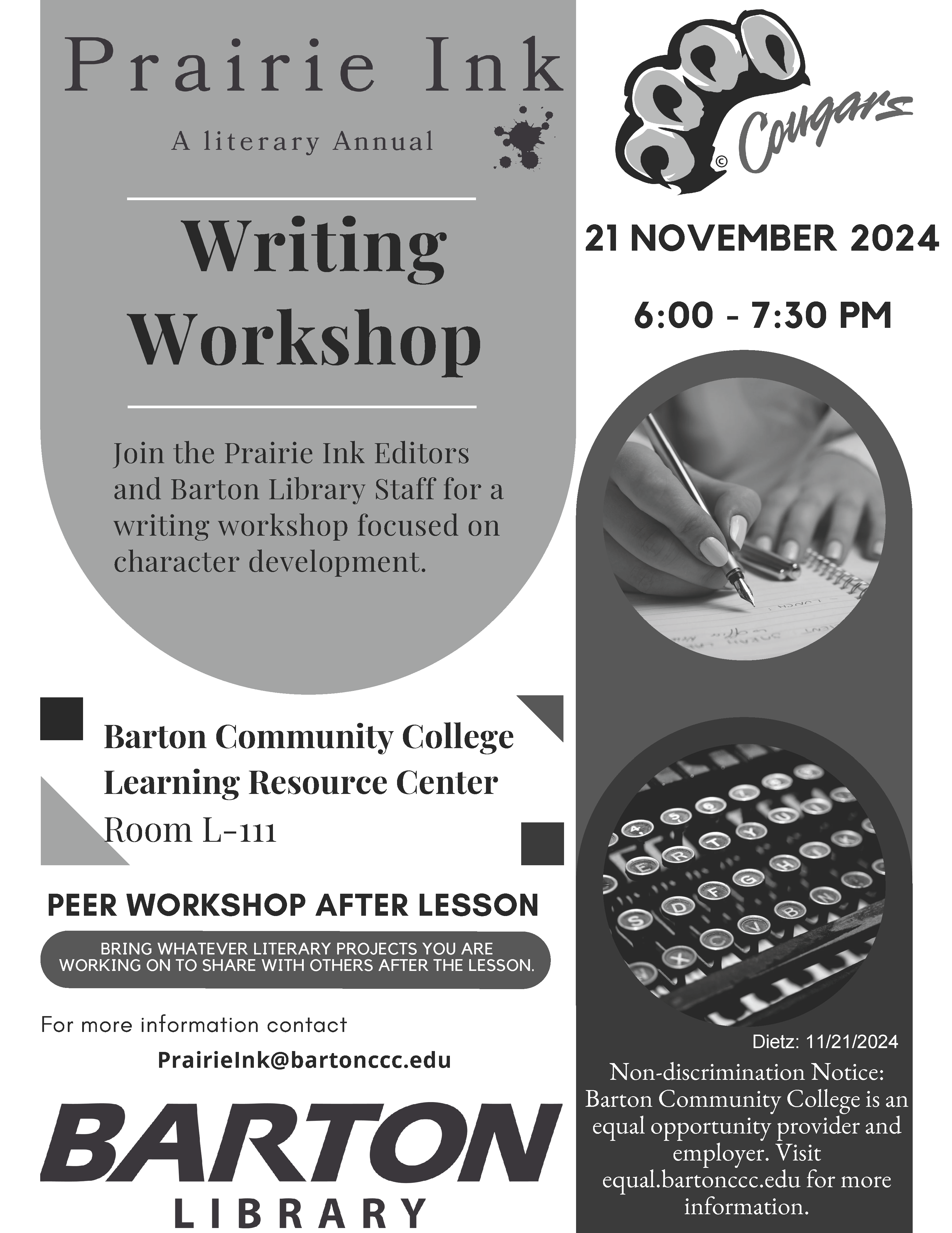 flier for a writing workshop with a hand and a pencil