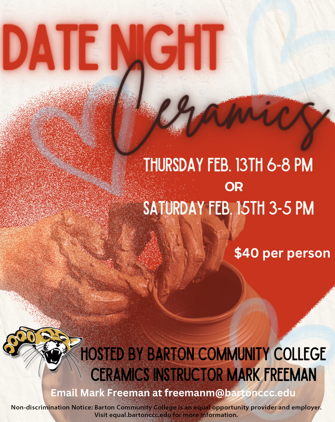 hands making pottery with hearts on flier