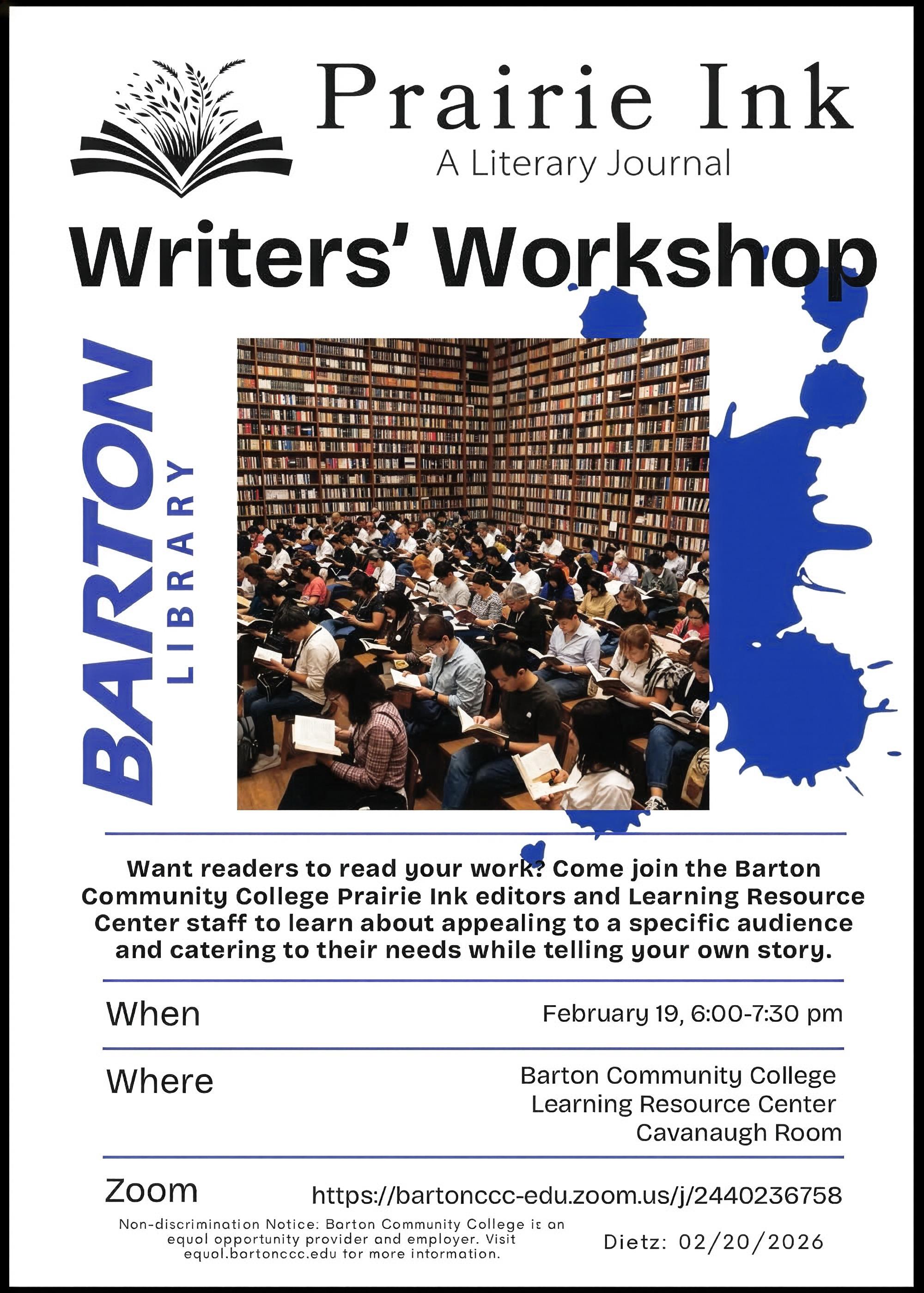 blue splatter paint on a writer's workshop flkier with a bunch of writers on it