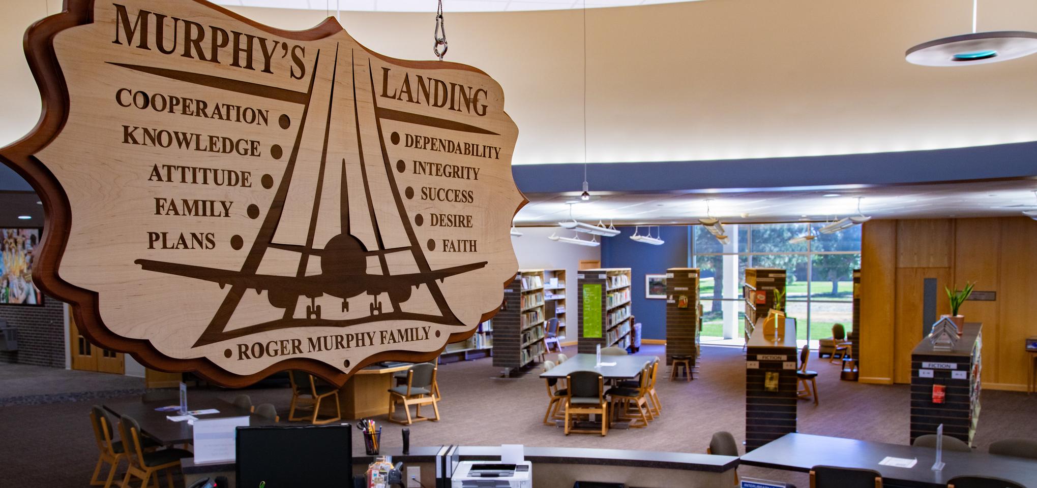 Murphy's Landing sign in the Barton Library