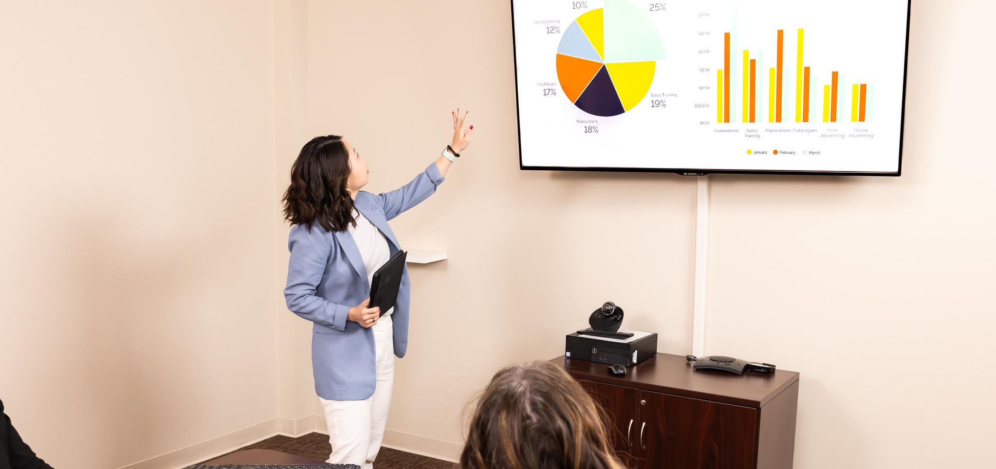 Business professional gives presentation on analytics