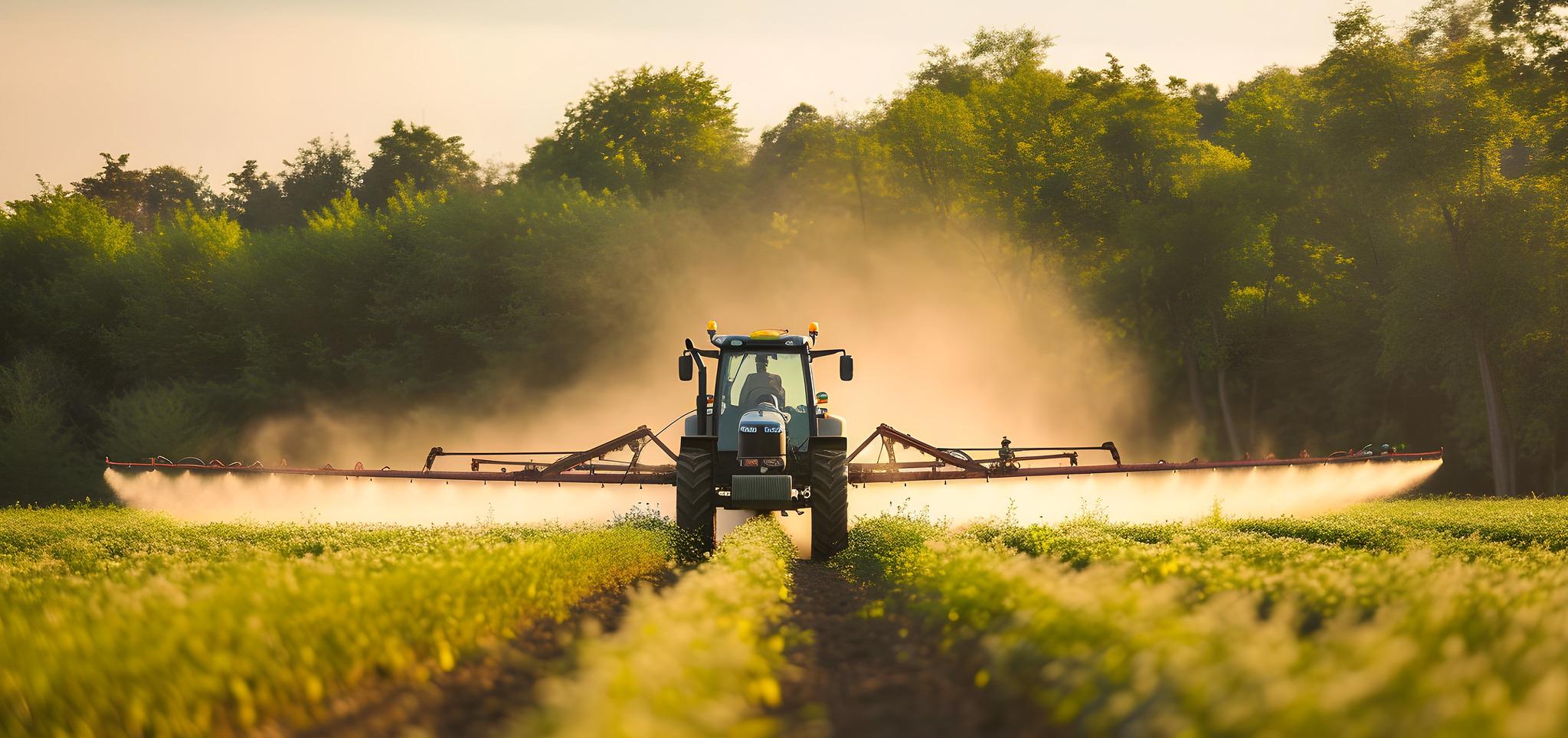 Tractor sprays field of crops