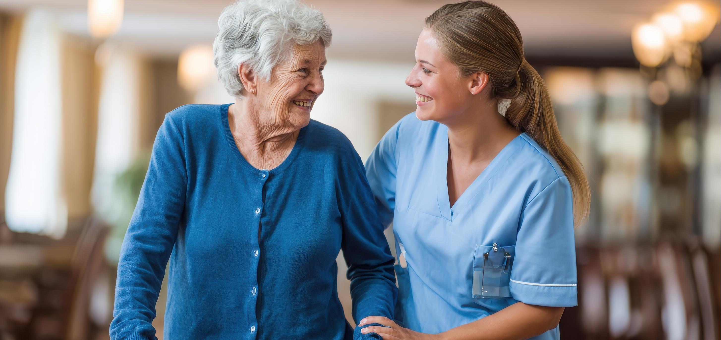 Smiling nurse helps woman with walker 